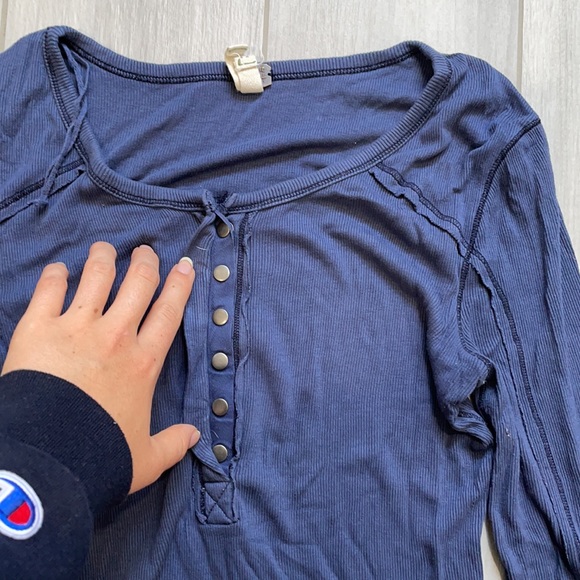 Navy blue long sleeve free people t button down - Picture 2 of 4